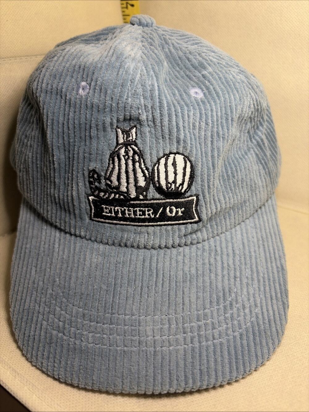 EITHER/Or Blue Corduroy Cat and Ball Embroidered Strapback Hat